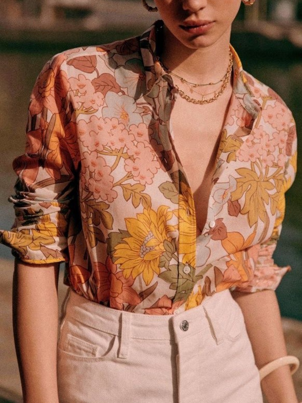 Sezane Pierro Shirt Floral Button-Down Blouse in Yellow, Pink & Cream